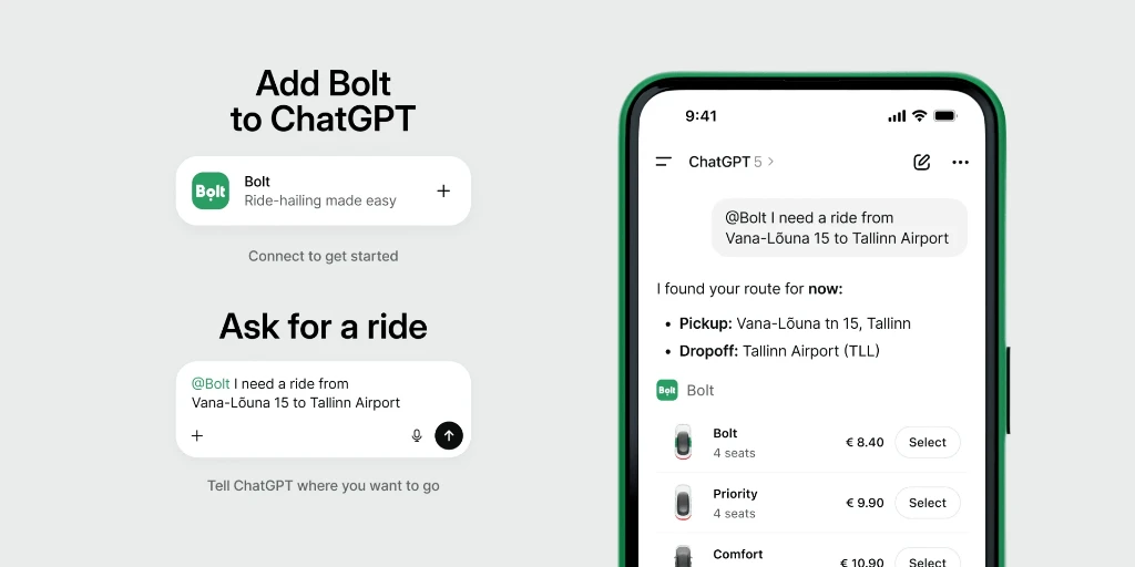 Bolt запустив бронювання поїздок через ChatGPT Bolt запустив бронювання поїздок через ChatGPT